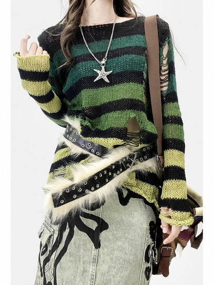 Pattern Y2K Green Cut-out Neckline Details Asymmetrical Sweater Striped