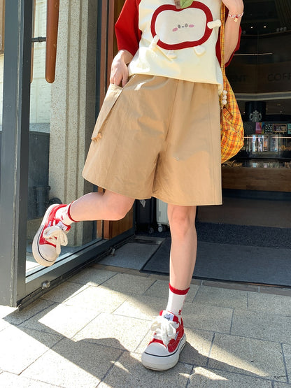 Shorts Khaki Elastic Waist Straight-Leg Cargo