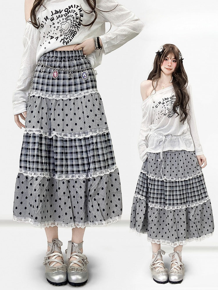 Gray Pattern Trim Polka-dot Y2K And Skirt Lace Bittersweet Plaid