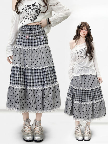 Gray Pattern Trim Polka-dot Y2K And Skirt Lace Bittersweet Plaid