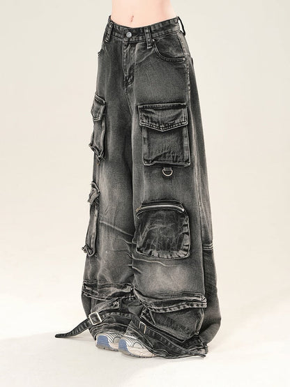 Black Low Rise Cargo Pockets Wide-Leg Jeans