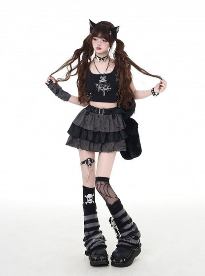 Stufenrock Grau Distressed Löcher Gefüttert