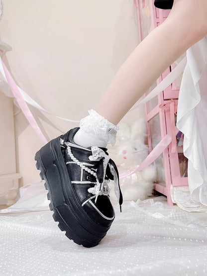 Jirai Kei Black Rhinestone Platform Shoes with Detachable Beaded Chain