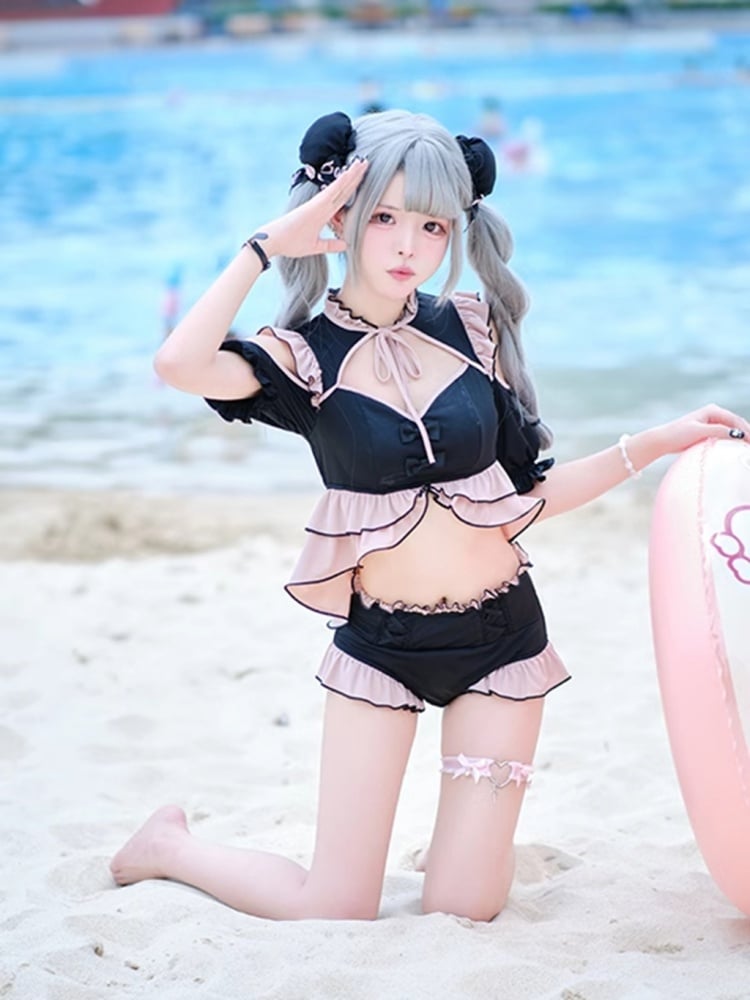 Black Pink Cutout Puff Sleeves Swimsuit