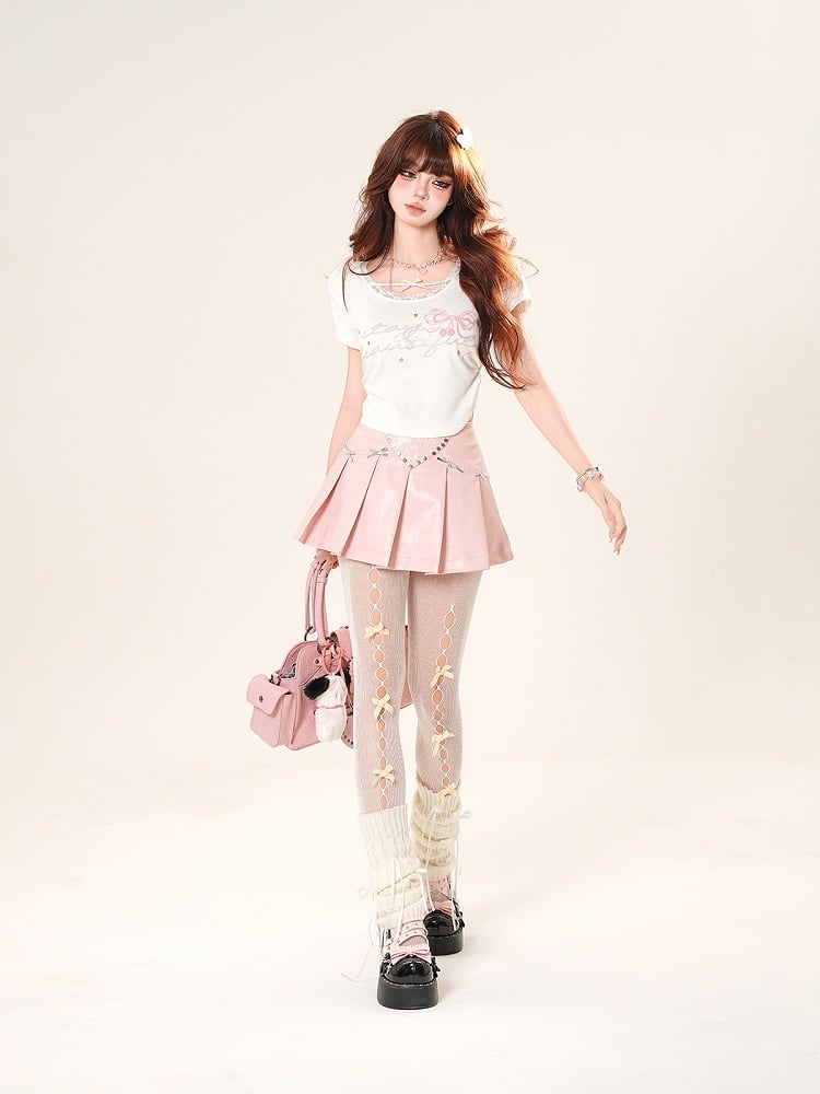Bowknot Rhinestones Embellished Letter Lace Trim T-Shirt White/Black Print