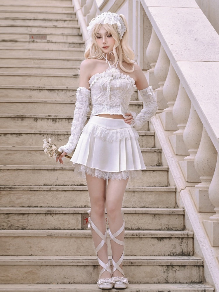 White Lace Raw Fairy Goth Pleated Skirt