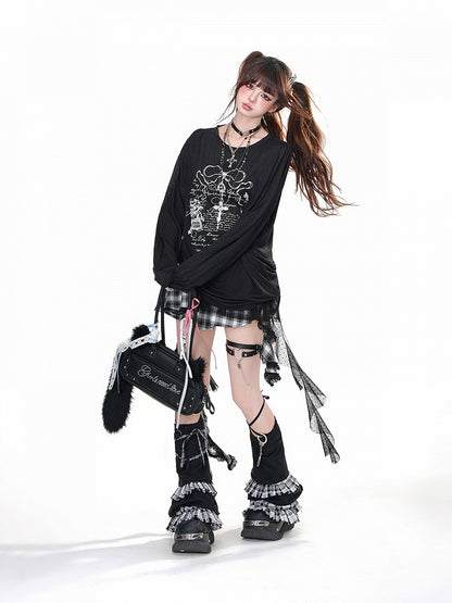 Black/White Semi-sheer Cross Print Drawstring Waist Loose Sweatshirt