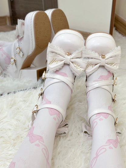 Block Heels Buckles High Bow Detachable Crisscross Design White Top Heart at