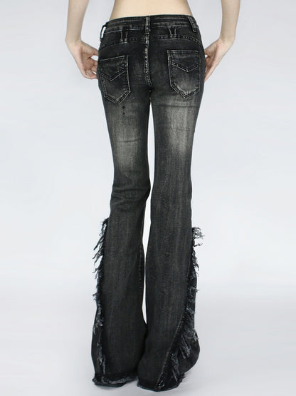 Cuffs- Slim Fit Raw Vintage Blue/Black Low Waist Flared and Jeans with Frayed