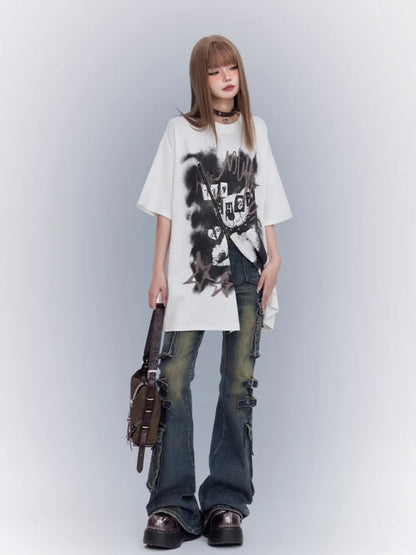 White Round Neck Printed Loose T-Shirt with Zipper Detail