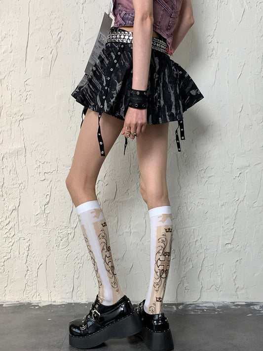 Y2K Stockings White Bowknot Underknee Cross Print And