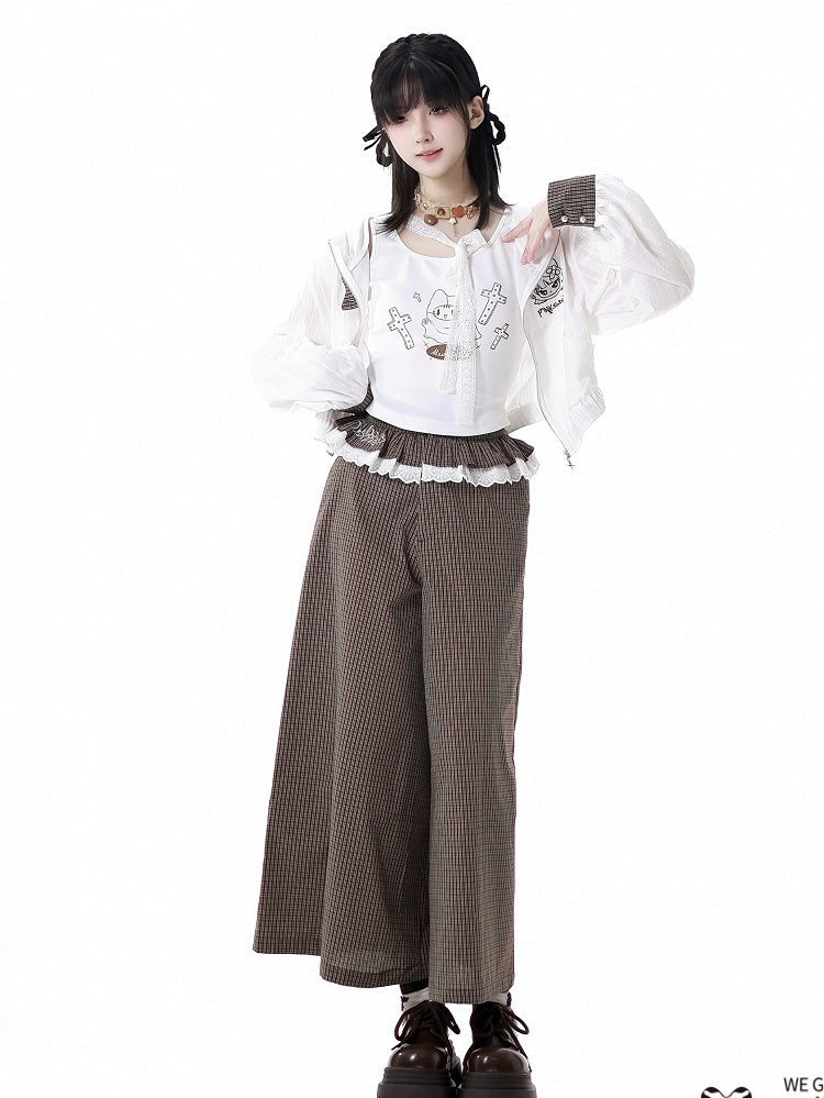 Ruffled Lace Trim Waist Wide-Leg Pants Brown Plaid