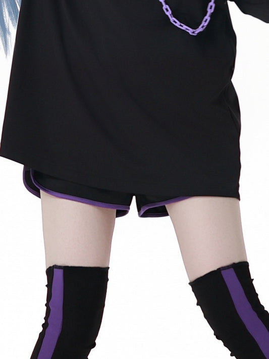 and Purple Elastic Waist Sports Shorts Black