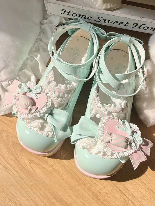 with Candy Platform Pink Shoes PU Green Mint Sweet Heart Leather Clip