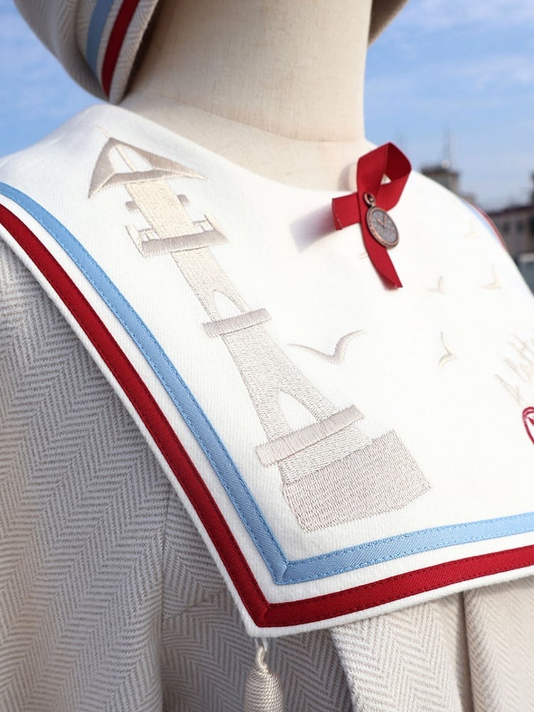 Beige Ouji Sailor Theme Lighthouse Embroidery Sailor Collar Top with Contrast Trim