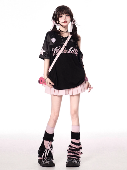 Letter Print Cutout Shoulder V-neck T-shirt and Pink Black
