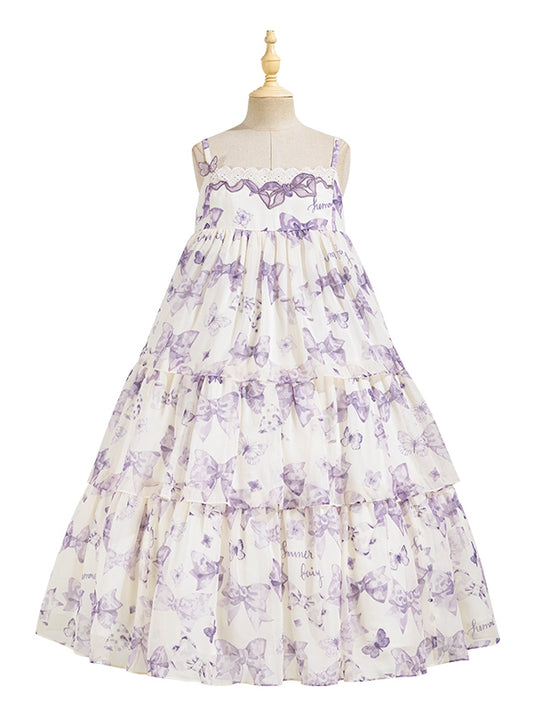 Robe Lolita d'été violette taille haute avec jupe à volants et nœuds