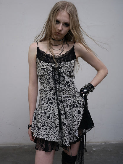 Self-tie Trim BlackWhite Asymmetrical Hem Strap Lace Cami Dress Print Glamorous Heart