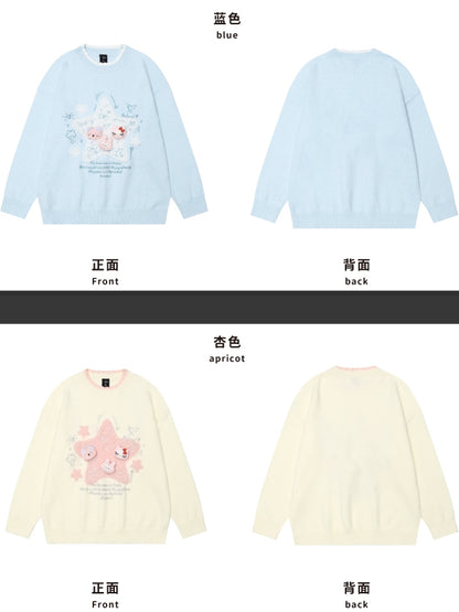 Light Blue/Light Yellow Star Applique Cute Kitties Adorned Loose Sweater