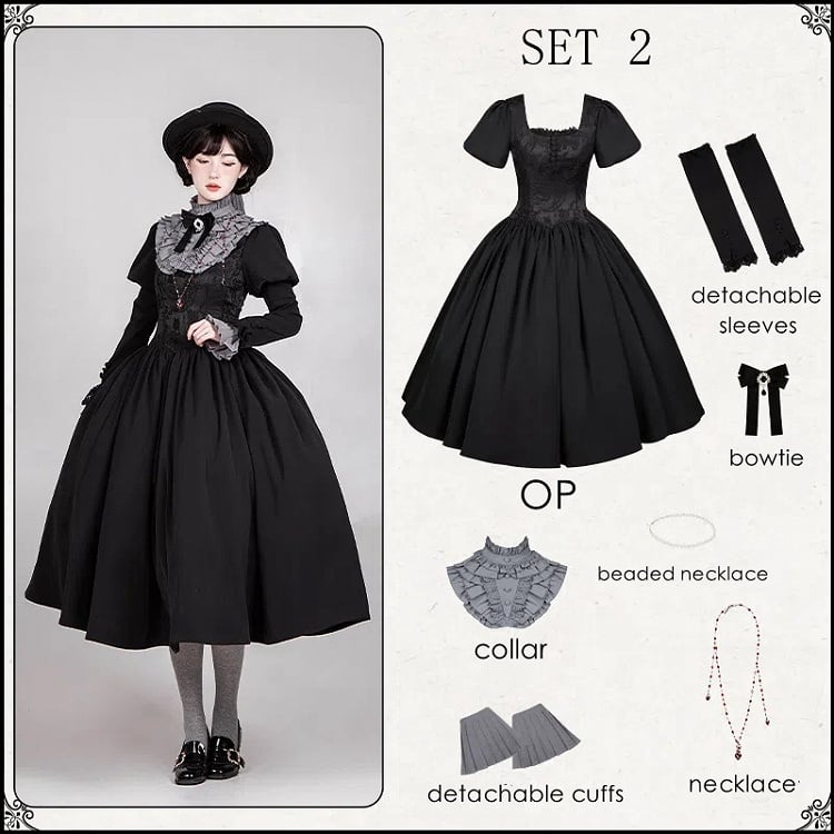 Robe noire longue à taille baleinée et décolleté carré, ensemble complet élégant Lolita