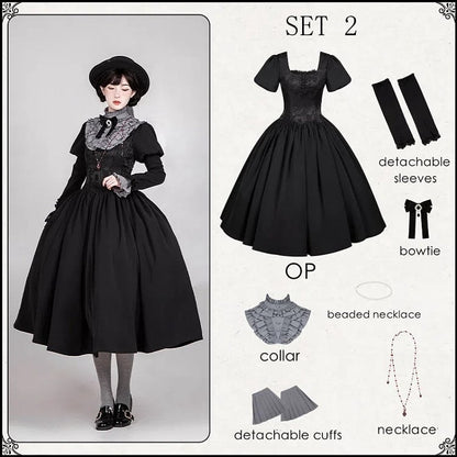Robe noire longue à taille baleinée et décolleté carré, ensemble complet élégant Lolita