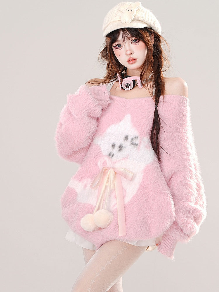 Pink/Blue Cute Kitty Pattern Bowknot Details Halter Neck Soft Sweater