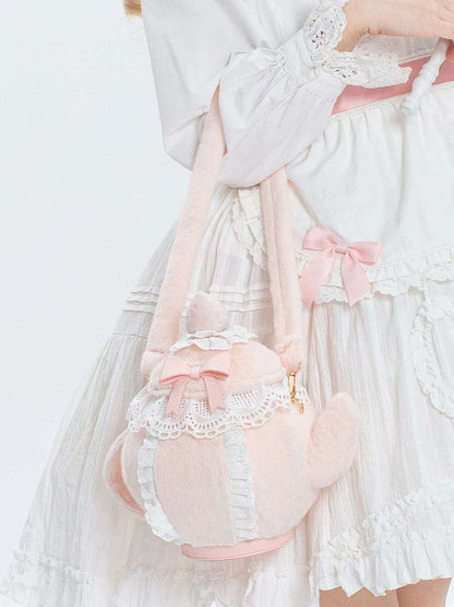 Trim Sweet Lace Plush Decorated Lolita Bowknot Strawberry Hand/Crossbody Bag And Pink Teapot