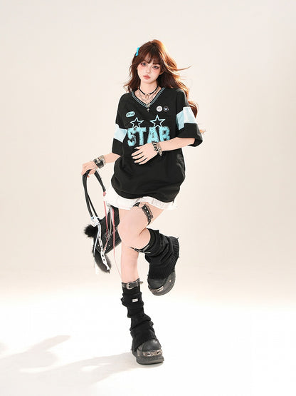 Black/White V-Neck Letter Print Blokette Core T-Shirt