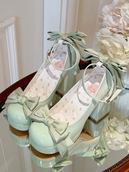 Grüne Lolita-Plateauschuhe mit Schleife und runder Mary-Schuh-Details