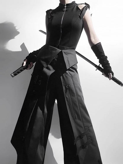Black All Full Fashion Sleeveless Ouji Techwear - Gothic Set Top