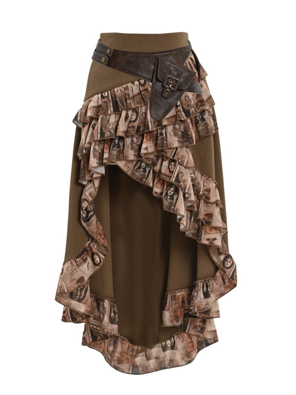 Brown Steampunk Retro Oil Ruffle Trim High-low Skirt