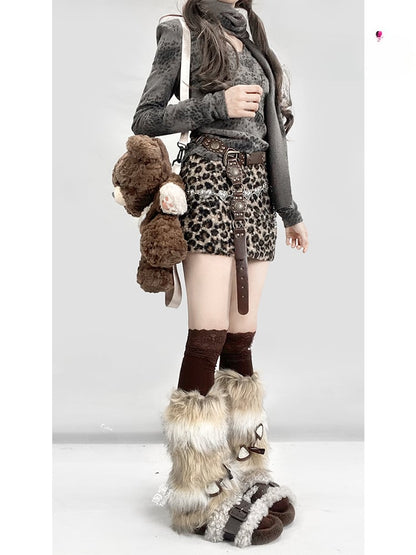 Coffee Leopard Shaggy Lined Fleece Skirt