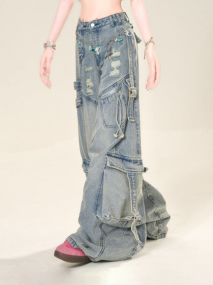 Wide-Leg Jeans Cargo Pockets Blue Distressed Holes Buckle Straps