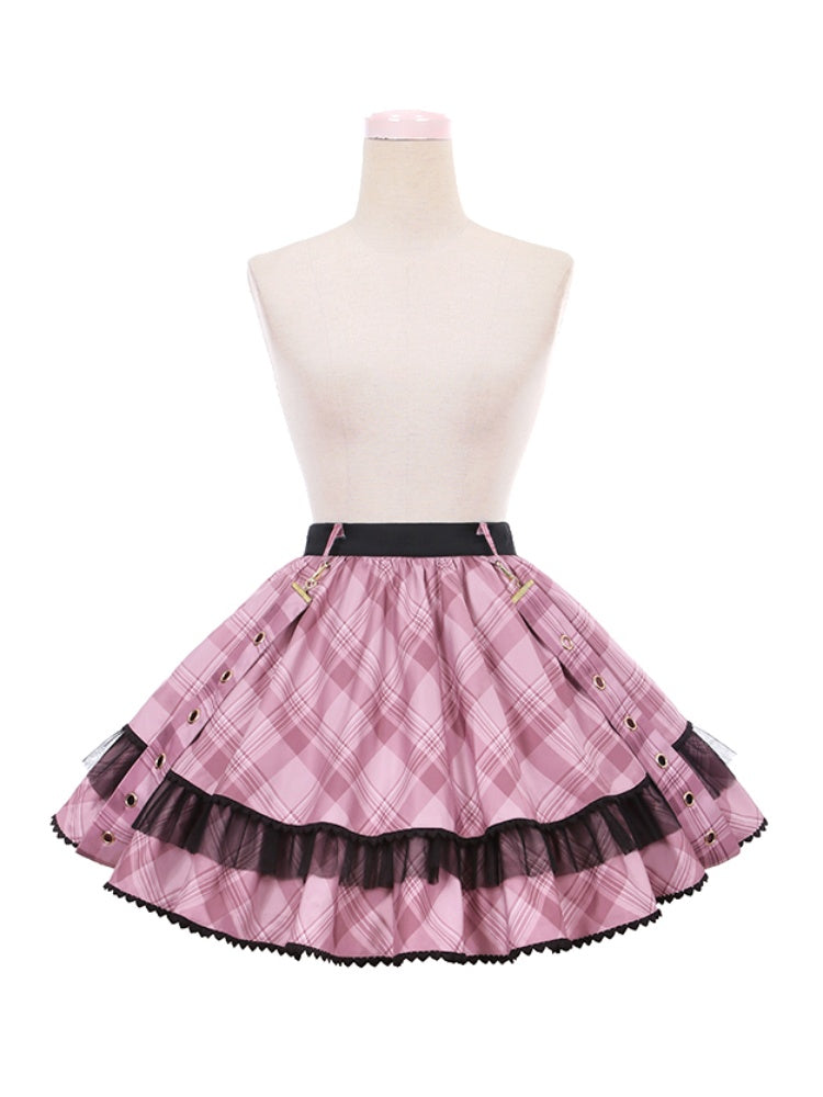 Pink Plaid Buckle Strap Thigh-length Idol Lolita Skirt