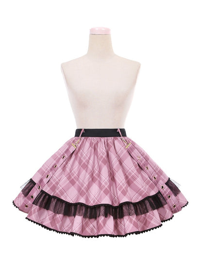 Pink Plaid Buckle Strap Thigh-length Idol Lolita Skirt