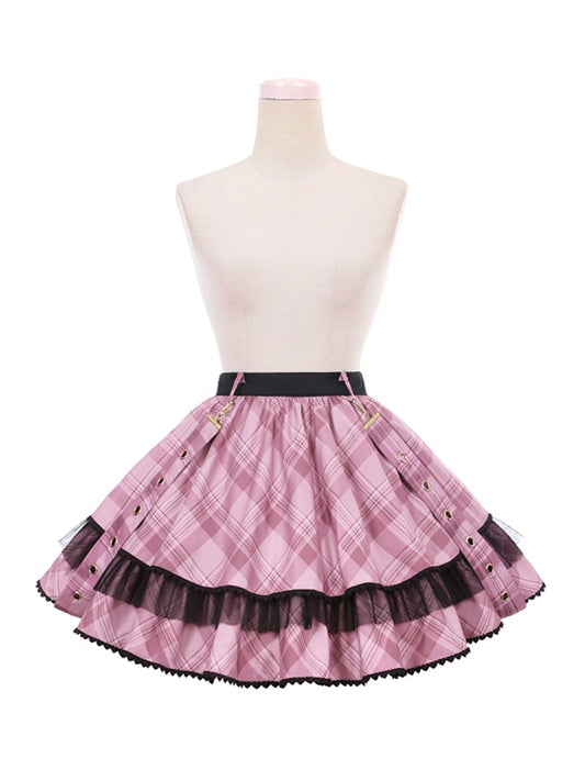 Pink Plaid Buckle Strap Thigh-length Idol Lolita Skirt