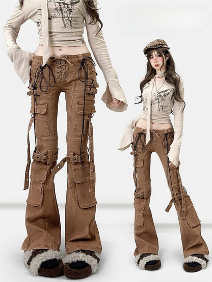 Wasteland Silhouette Flare Lace-up Jeans Punk Detail Brown Coffee