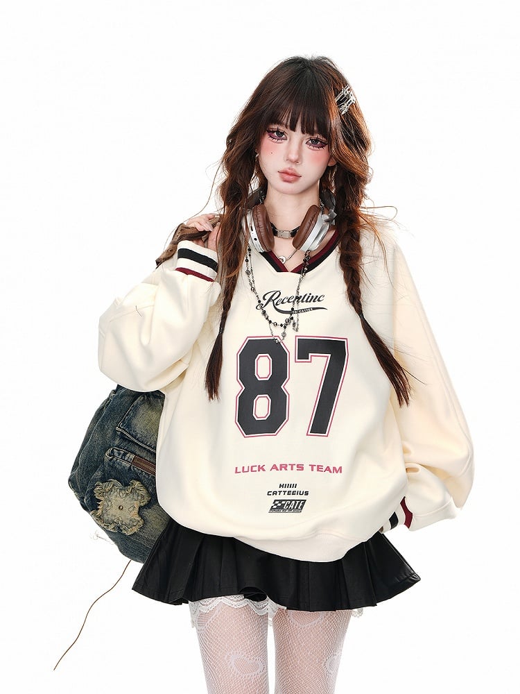 Apricot/Navy Blue V-Neck?Number Print Bittersweet Loose Sweatshirt