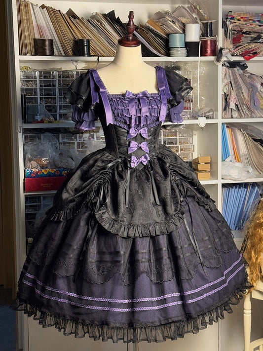 Black and Purple Square Neckline Jacquard Drawstring Skirt Classic Lolita Dress