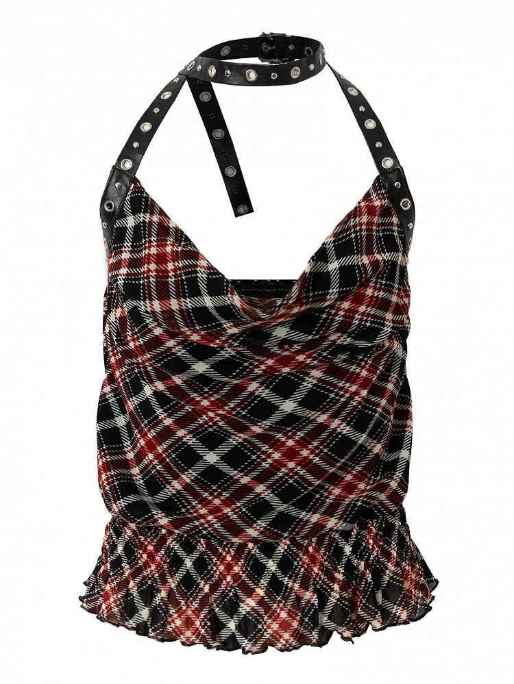 Punk Wasteland Halter Top Neck Neckline Trim Pattern BlackRed Glamorous Plaid Ruffles Cowl