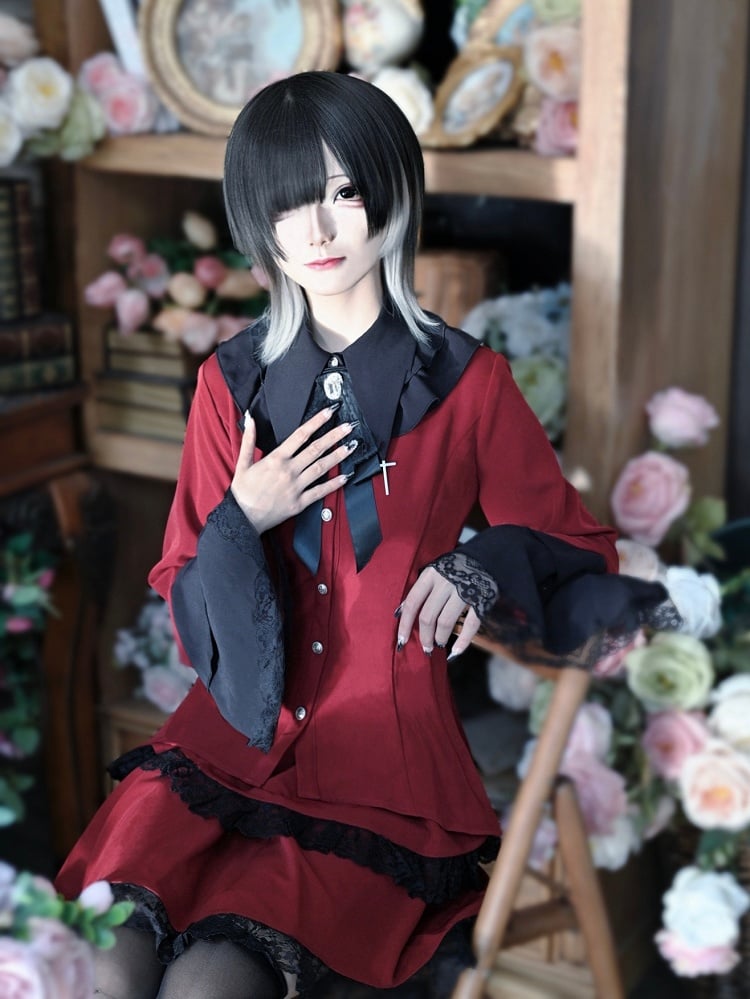 Black Gothic Red and Lace Trim Cross Adorned Pointed Flat Collar Bell Sleeves Top with Tiered Skirt Outfit Set -