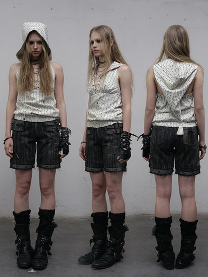 Print Top White Star Pattern Lace-up Sleeveless Hoodie Striped Detail