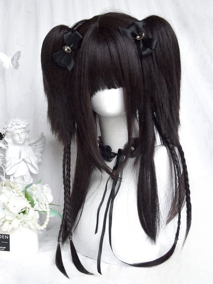 Black Long Straight Wig With Bangs＋Double Ponytail Claw Clips