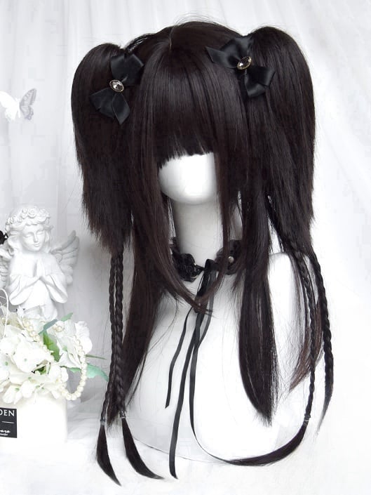 Black Long Straight Wig With Bangs＋Double Ponytail Claw Clips