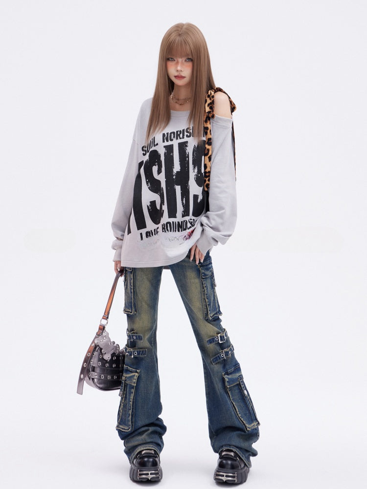 Gray Asymmetrical Neckline Leopard Glamorous Sweatshirt Letter Print Strap