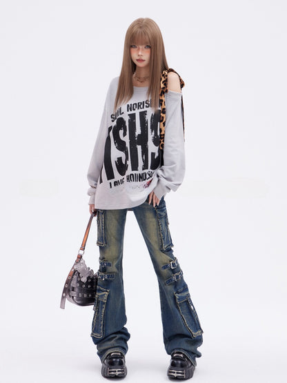 Gray Asymmetrical Neckline Leopard Glamorous Sweatshirt Letter Print Strap