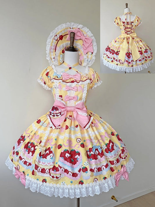 Cake Cute Sweet Strawberry One Sleeves Yellow Dress Lolita Piece Short Print