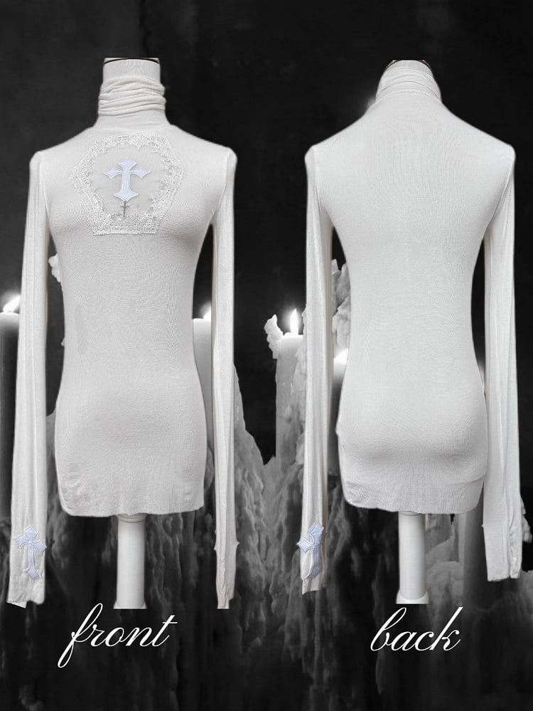 Gothic White Coffin Cutout Cross Accents High Neck Long Sleeves Top