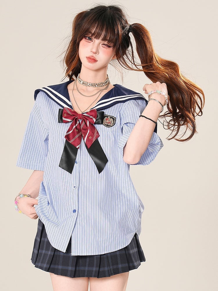 Collar Blue Pattern Bow Daily Sailor With Striped Kawaii Shirt