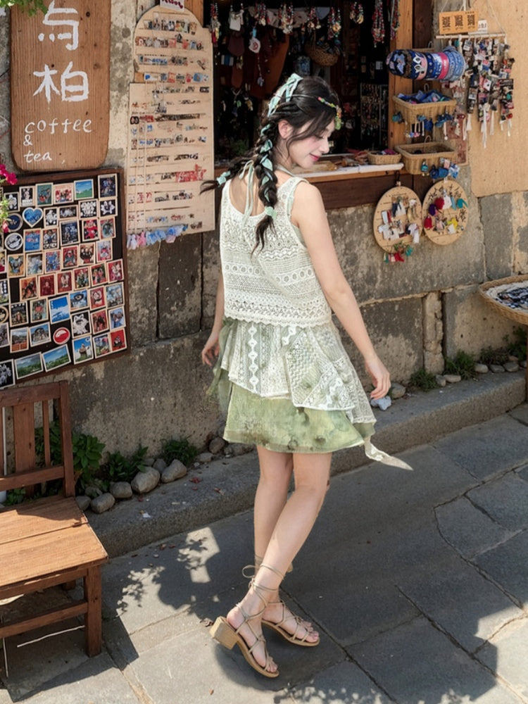 Dye Lace Patchwork Design Long/Short Tie Skirt Version Kei Green Mori
